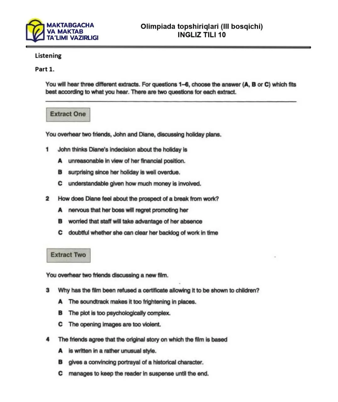 2024 йилги асосий олимпиаданинг ҳудудий босқичи инглиз тилидан 9-синфлар учун топшириқлар тўплами