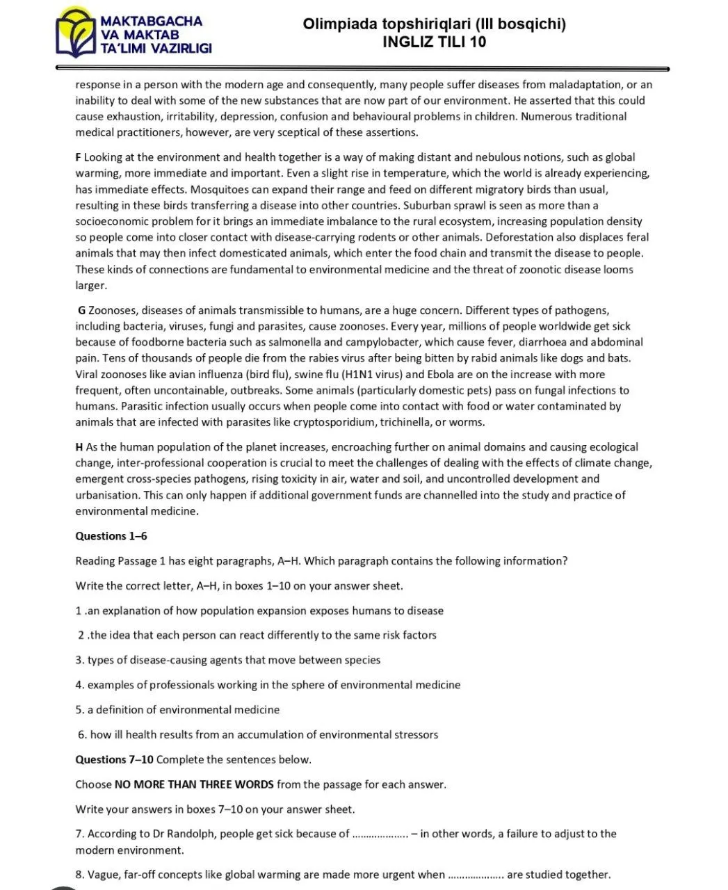 2024 йилги асосий олимпиаданинг ҳудудий босқичи инглиз тилидан 9-синфлар учун топшириқлар тўплами