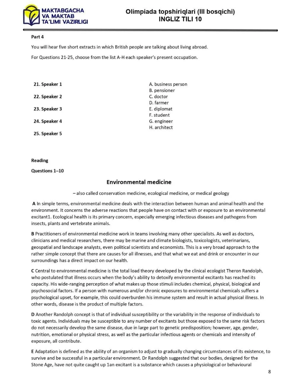 2024 йилги асосий олимпиаданинг ҳудудий босқичи инглиз тилидан 9-синфлар учун топшириқлар тўплами