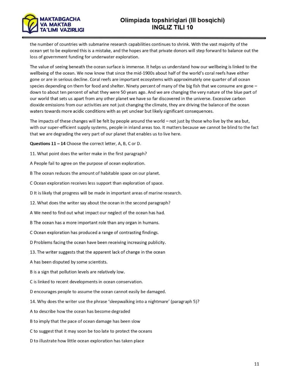 2024 йилги асосий олимпиаданинг ҳудудий босқичи инглиз тилидан 9-синфлар учун топшириқлар тўплами