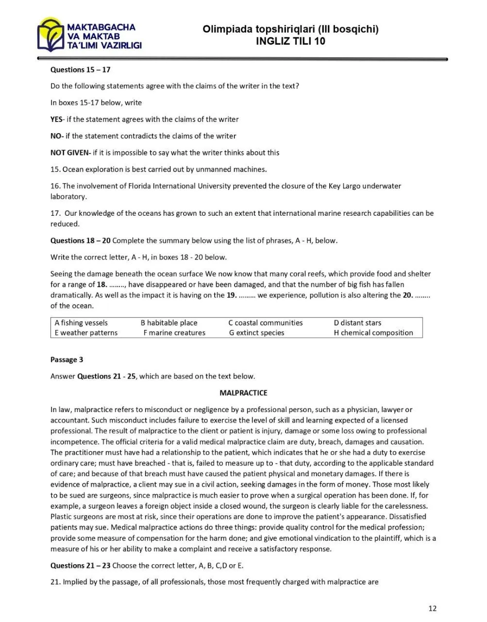 2024 йилги асосий олимпиаданинг ҳудудий босқичи инглиз тилидан 9-синфлар учун топшириқлар тўплами