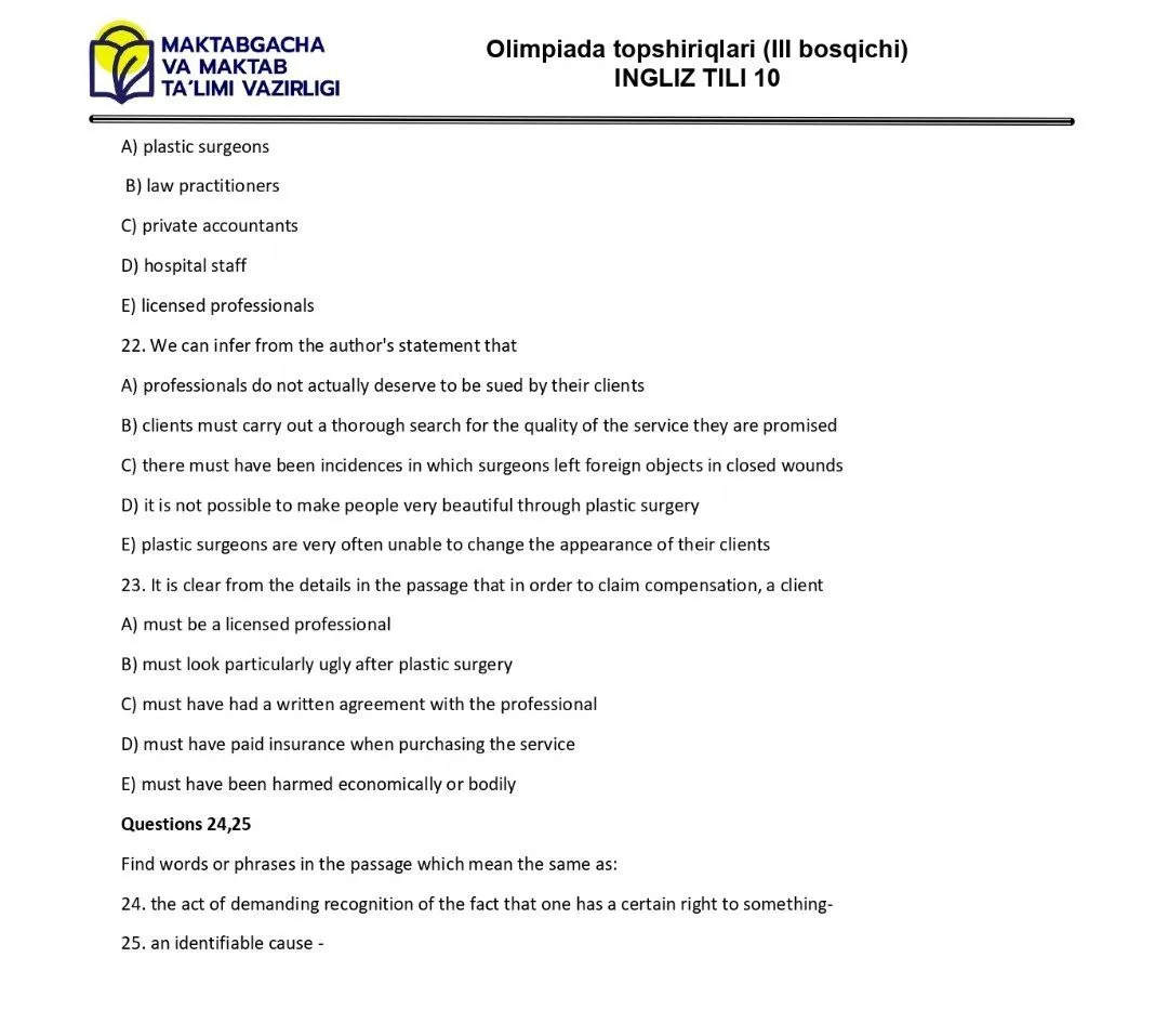 2024 йилги асосий олимпиаданинг ҳудудий босқичи инглиз тилидан 9-синфлар учун топшириқлар тўплами