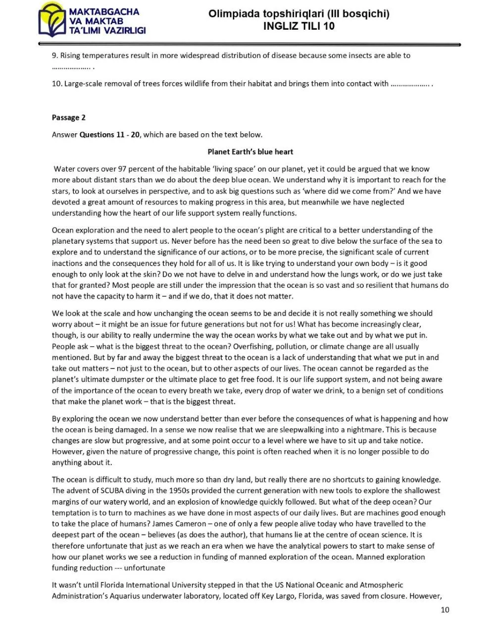 2024 йилги асосий олимпиаданинг ҳудудий босқичи инглиз тилидан 9-синфлар учун топшириқлар тўплами