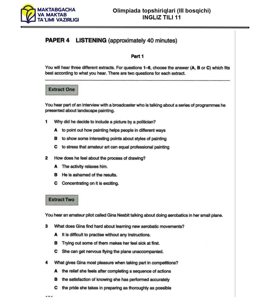2024 йилги асосий олимпиаданинг ҳудудий босқичи инглиз тилидан 9-синфлар учун топшириқлар тўплами