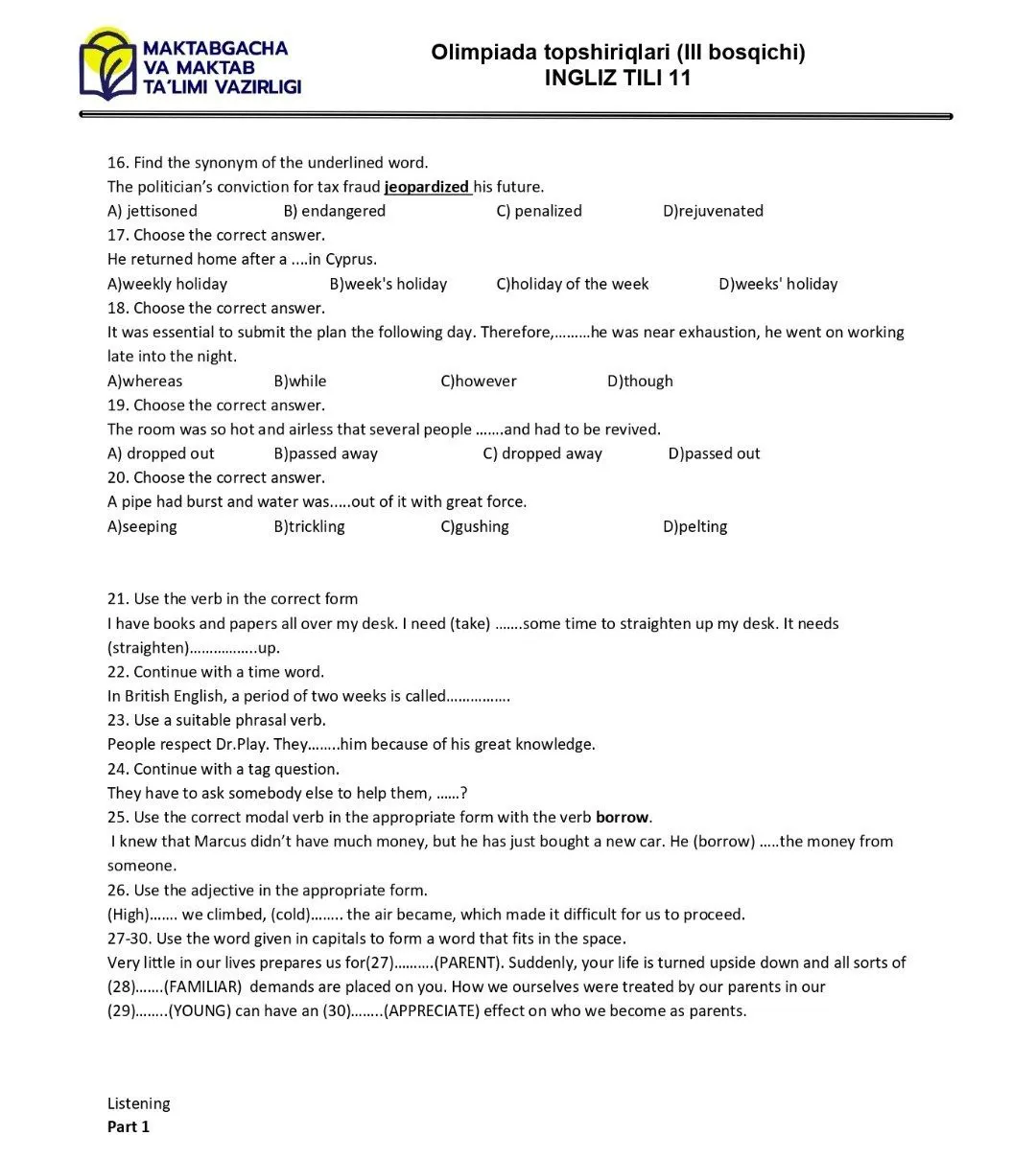 2024 йилги асосий олимпиаданинг ҳудудий босқичи инглиз тилидан 9-синфлар учун топшириқлар тўплами