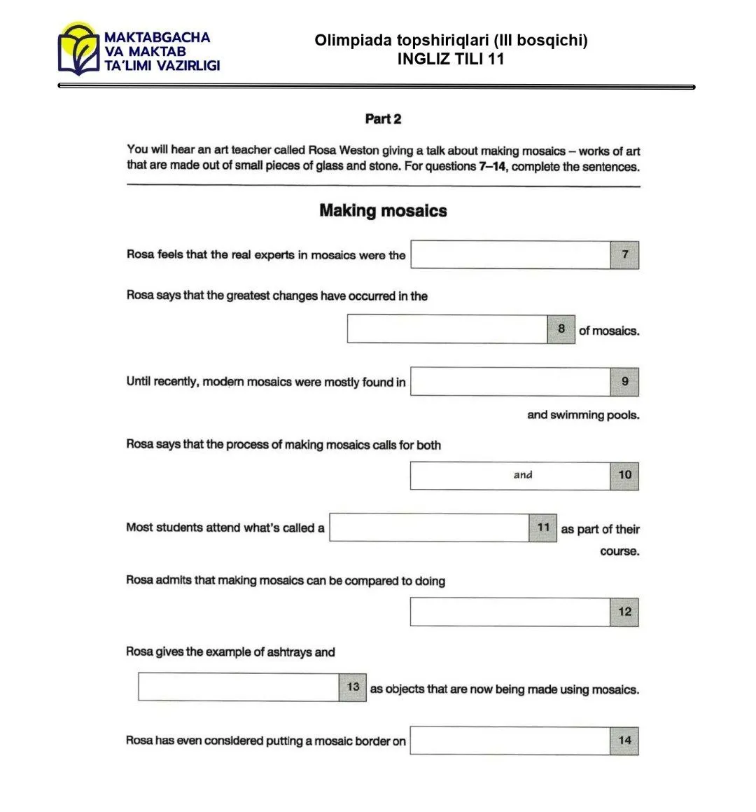 2024 йилги асосий олимпиаданинг ҳудудий босқичи инглиз тилидан 9-синфлар учун топшириқлар тўплами