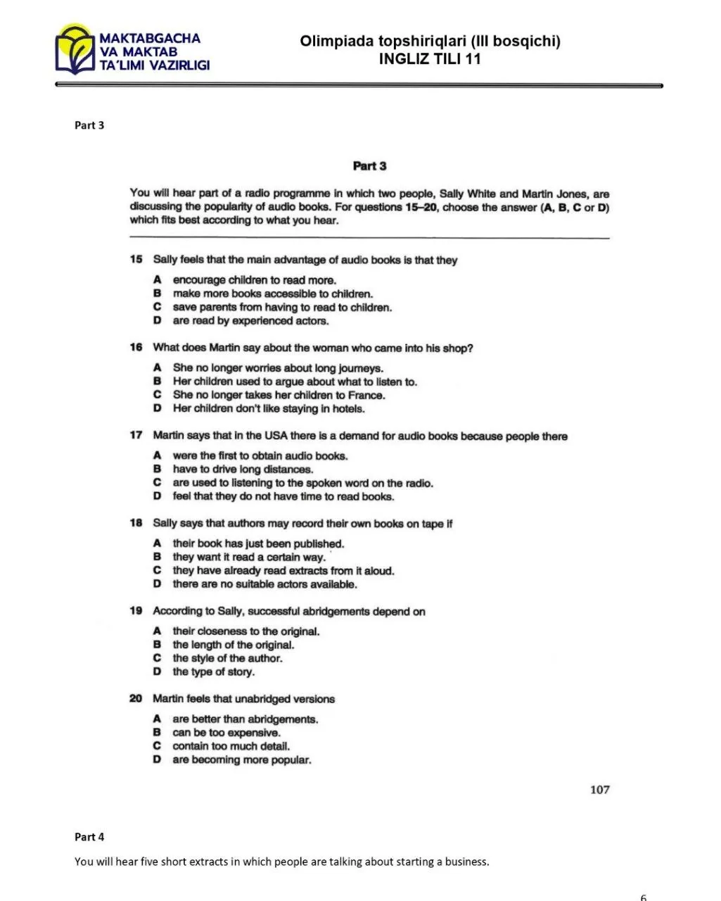 2024 йилги асосий олимпиаданинг ҳудудий босқичи инглиз тилидан 9-синфлар учун топшириқлар тўплами