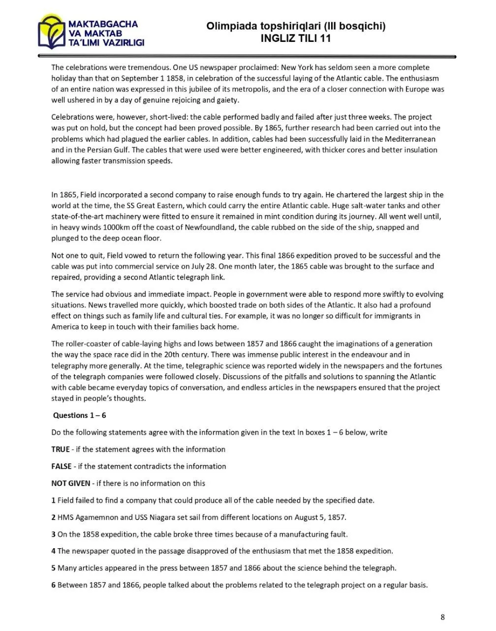 2024 йилги асосий олимпиаданинг ҳудудий босқичи инглиз тилидан 9-синфлар учун топшириқлар тўплами