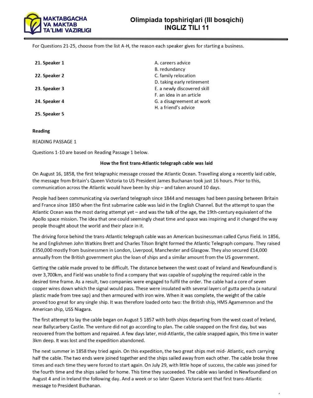 2024 йилги асосий олимпиаданинг ҳудудий босқичи инглиз тилидан 9-синфлар учун топшириқлар тўплами