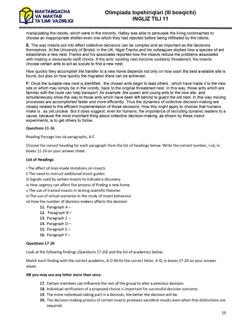 2024 йилги асосий олимпиаданинг ҳудудий босқичи инглиз тилидан 9-синфлар учун топшириқлар тўплами