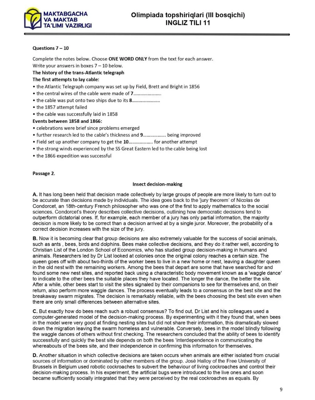 2024 йилги асосий олимпиаданинг ҳудудий босқичи инглиз тилидан 9-синфлар учун топшириқлар тўплами