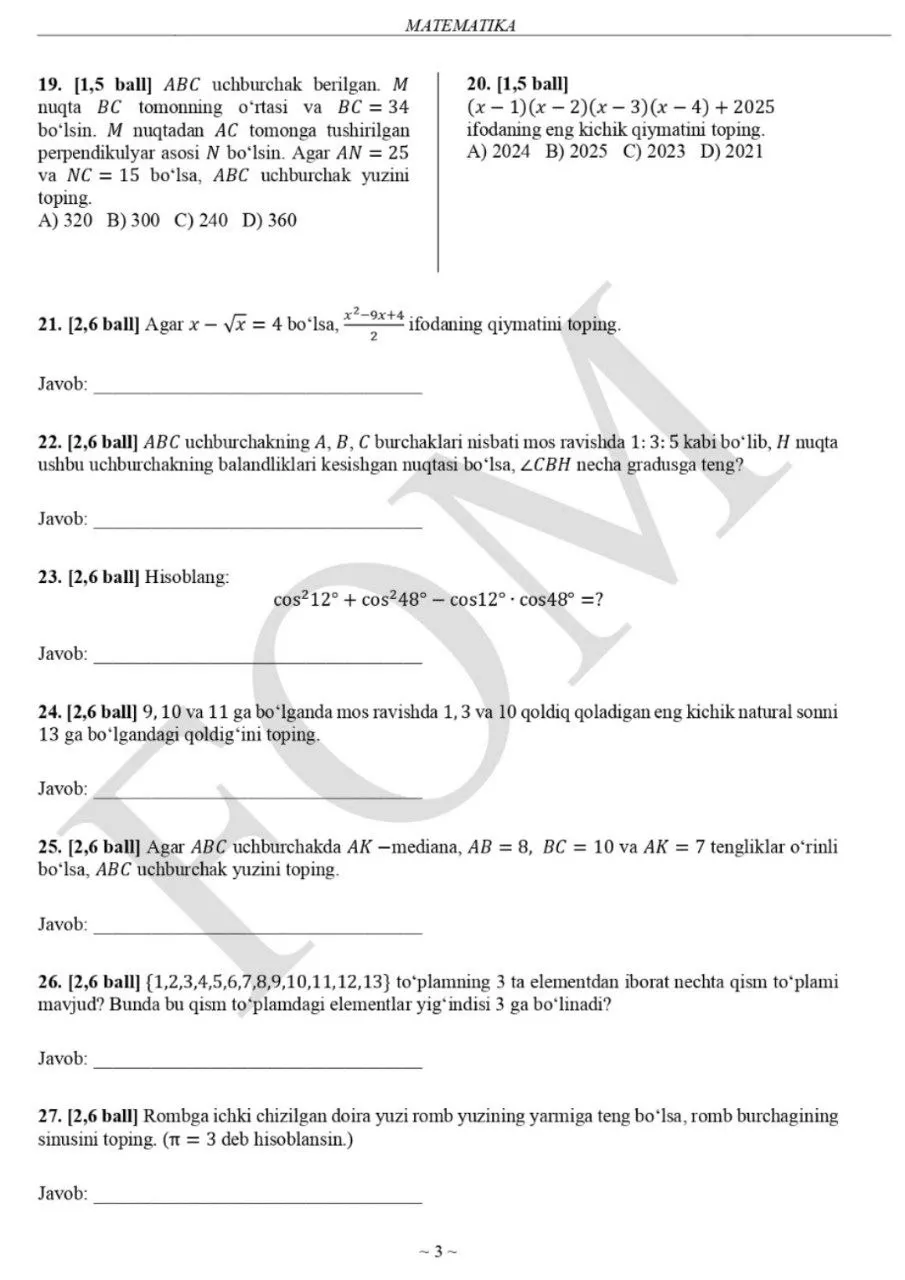 10-sinf matematika va biologiya fanlaridan asosiy olimpiadaning 5-kun topshiriqlari e’lon qilindi