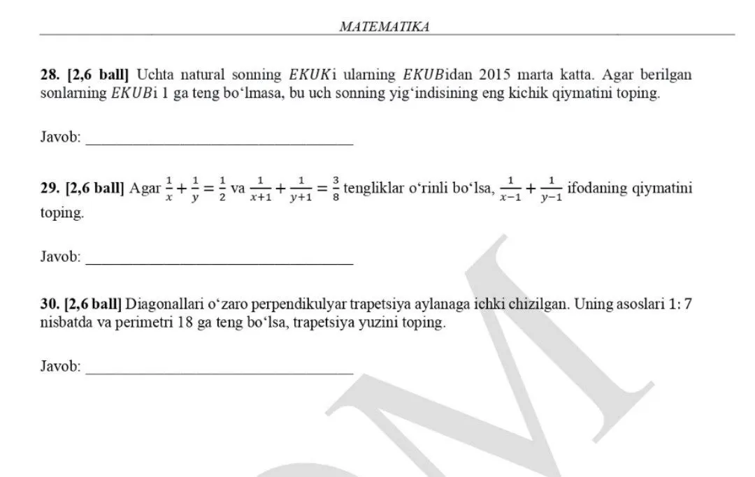 10-sinf matematika va biologiya fanlaridan asosiy olimpiadaning 5-kun topshiriqlari e’lon qilindi