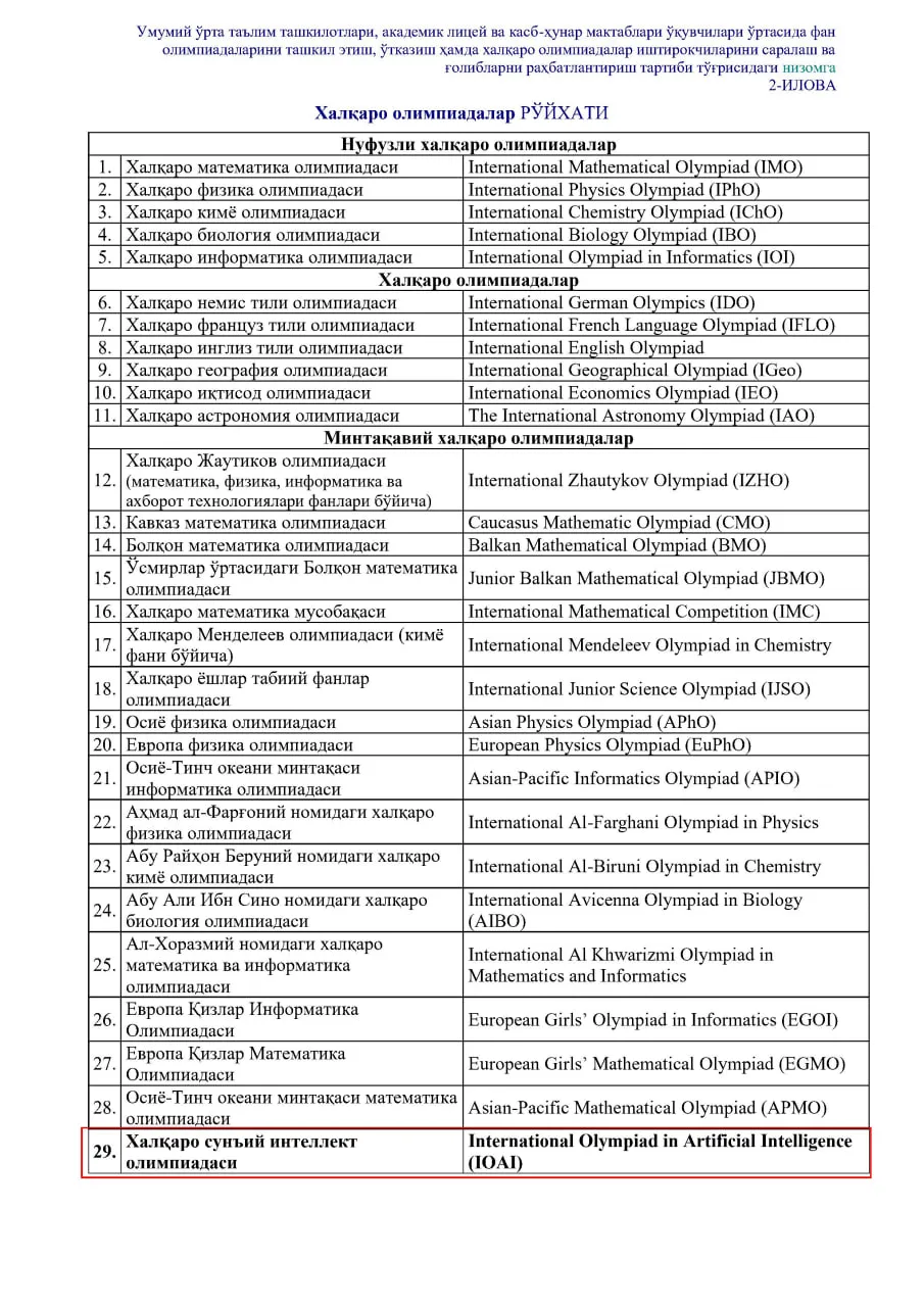 Давлат томонидан ғолиблари рағбатлантириладиган минтақавий халқаро фан олимпиадалари рўйхатига яна бир олимпиада киритилди