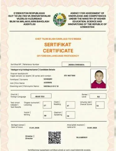 Toshkent viloyatida 6-sinf oʻquvchisi arab tilidan B2 sertifikatni qoʻlga kiritdi