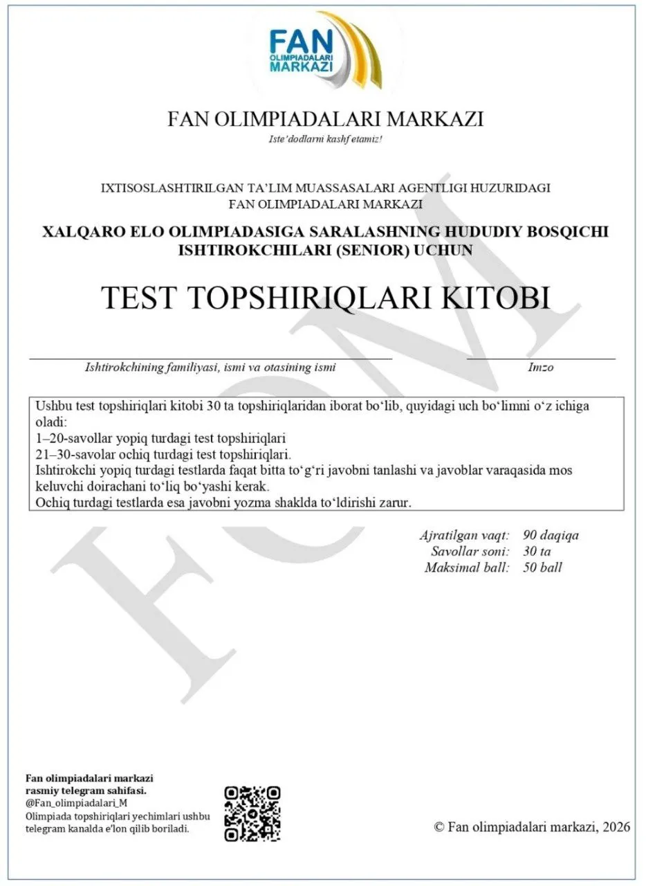 Xalqaro ingliz tili olimpiadasiga saralashning hududiy bosqich test topshiriqlari e’lon qilindi