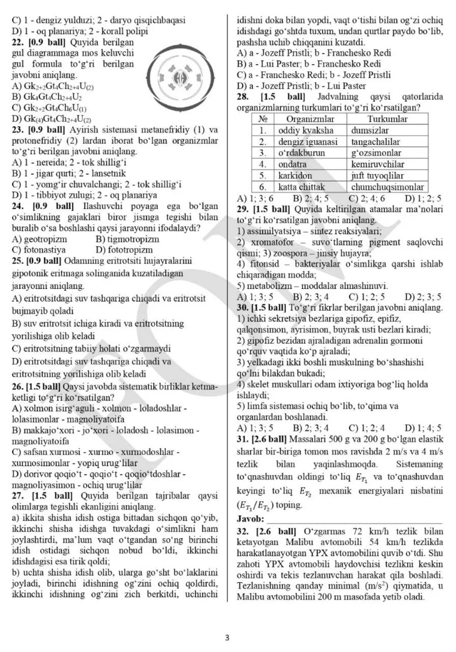 Tabiiy fanlardan 7-8-sinflar o‘rtasida o‘tkazilgan Al-Xorazmiy olimpiadasining hududiy bosqich test topshiriqlari e’lon qilindi (26-fevral)