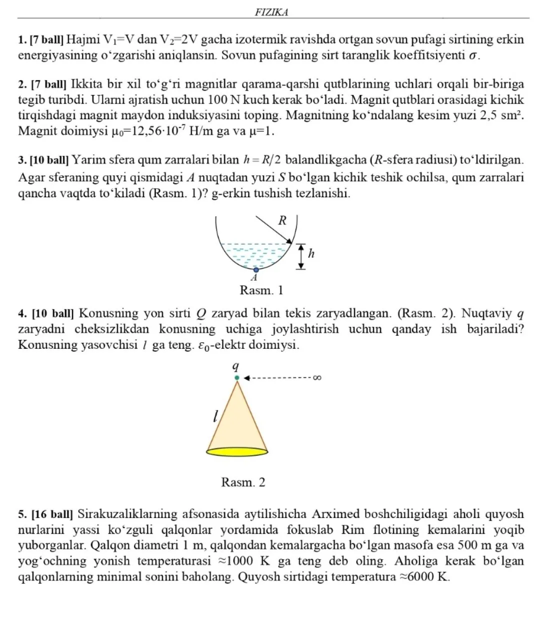 Tabiiy fanlardan 2024/2025-o‘quv yilgi Asosiy olimpiadaning Respublika bosqichi yozma ish topshiriqlari