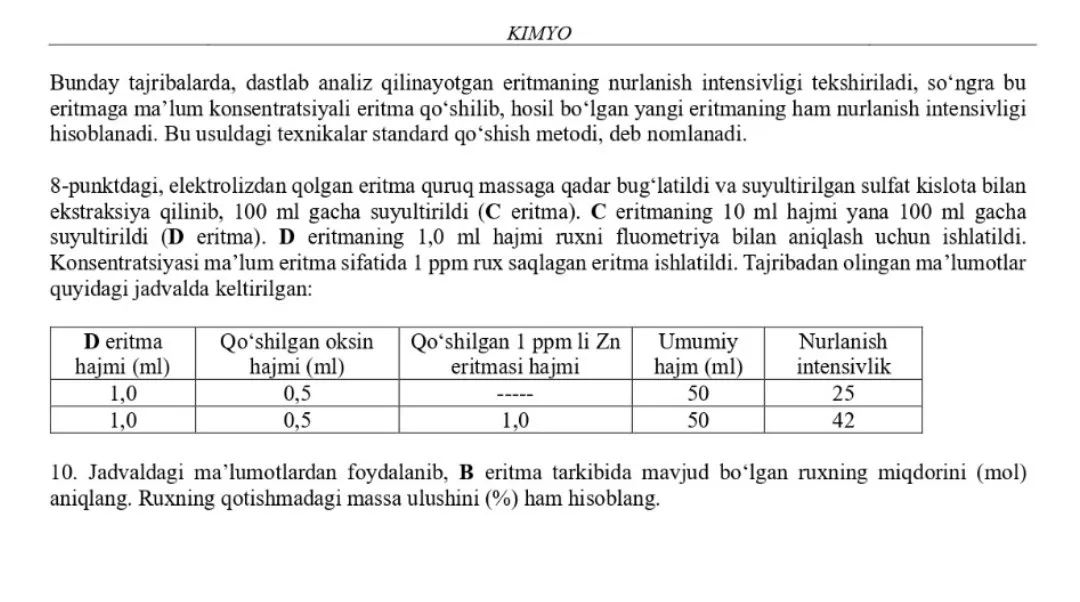 Tabiiy fanlardan 2024/2025-o‘quv yilgi Asosiy olimpiadaning Respublika bosqichi yozma ish topshiriqlari