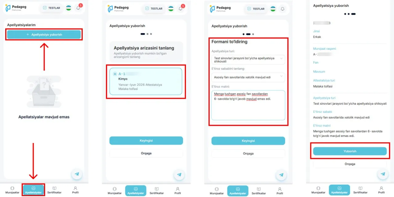 pedagog.uzedu.uz platformasi orqali qanday apellyatsiya berish mumkin?