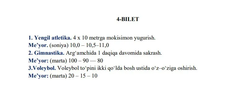 9-sinf bitiruvchilari uchun jismoniy tarbiya fanidan imtihon biletlari e’lon qilindi