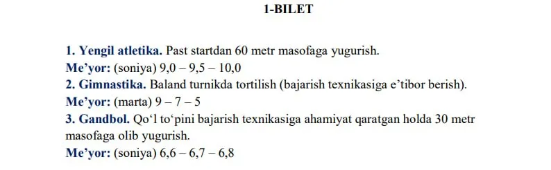 9-sinf bitiruvchilari uchun jismoniy tarbiya fanidan imtihon biletlari e’lon qilindi