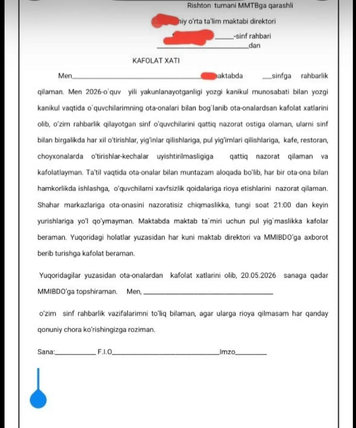“Koʻchada bemaqsad yurmayman”, “oʻquvchilarni doim nazorat qilaman”: oʻquvchi va oʻqituvchilardan yozgi ta’til uchun kafolat xati olindi. Vazirlik holatga izoh berdi