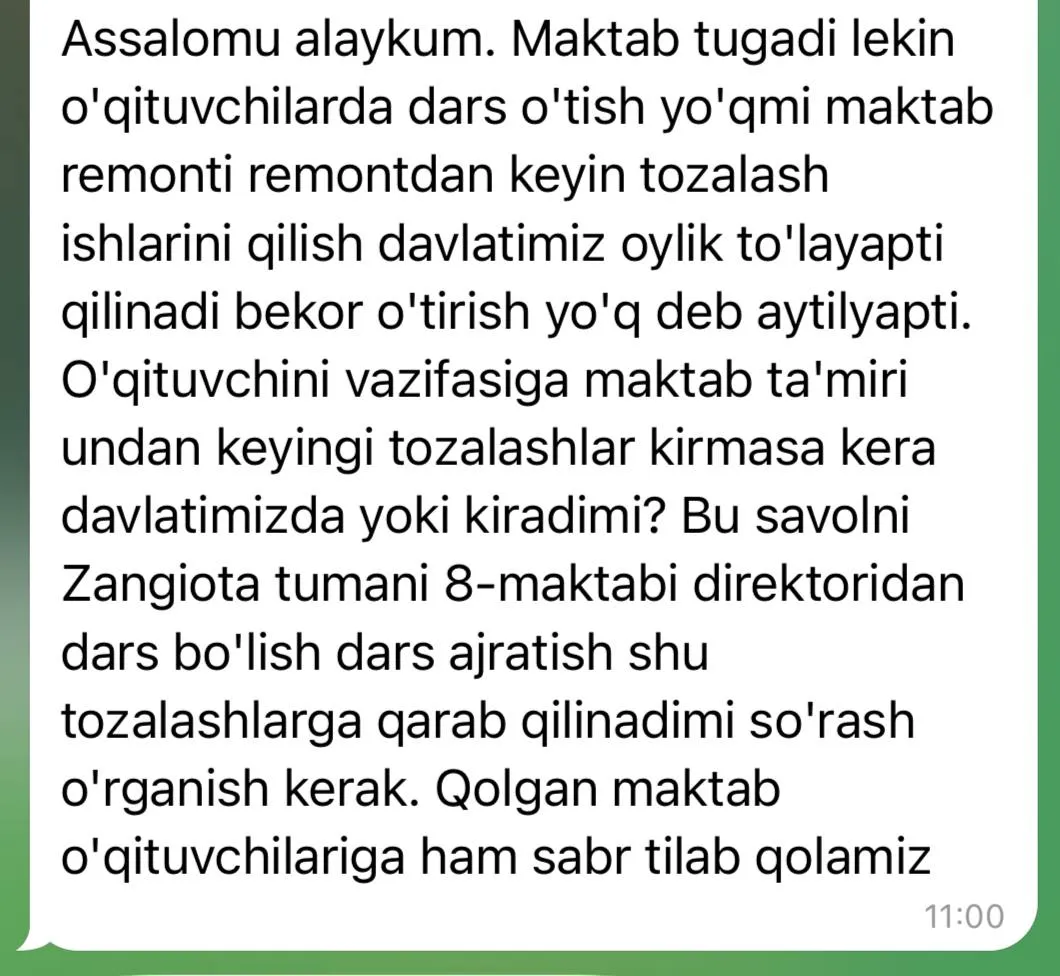 Zangiotadagi maktabda pedagoglar ta’mirlash ishlariga jalb etilgani haqidagi xabarlar yuzasidan o‘rganish ishlari boshlandi