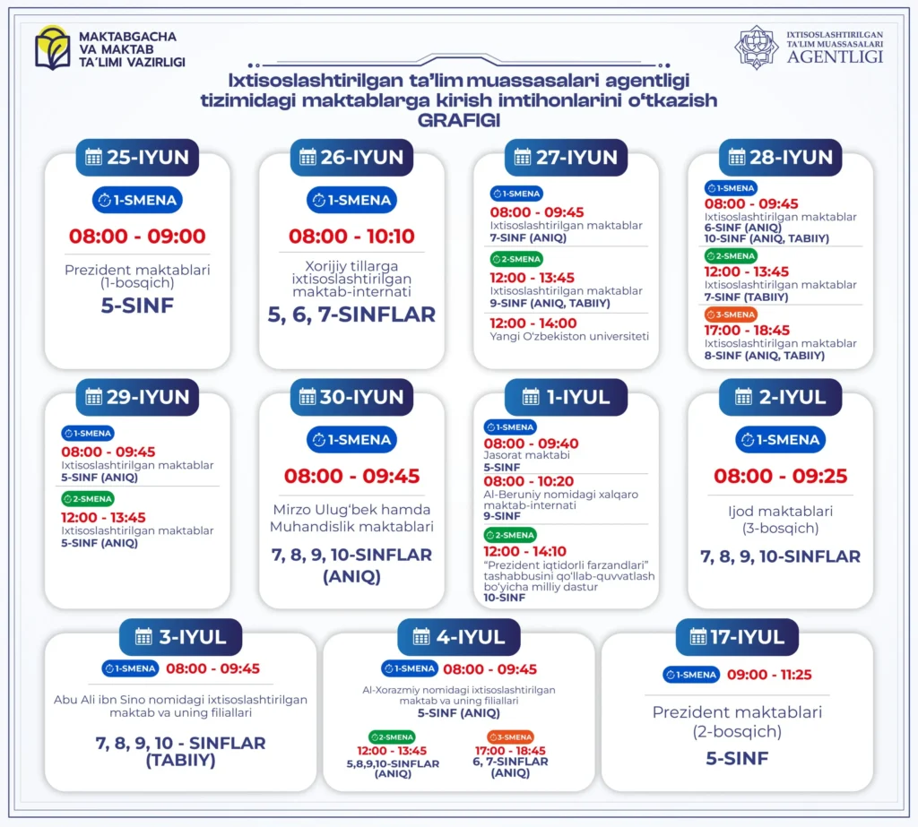 Prezident va ixtisoslashtirilgan maktablarga kirish imtihonlari sanalari e’lon qilindi