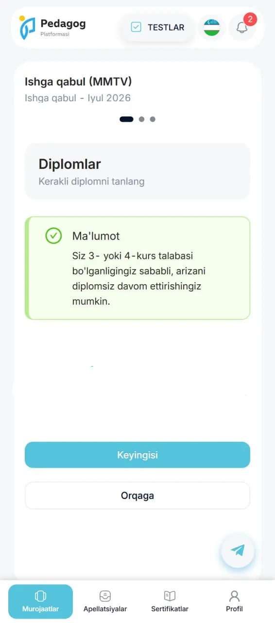 Endi 3- va 4-kurs talabalari maktablarga diplomsiz ishga ariza topshirishi mumkin