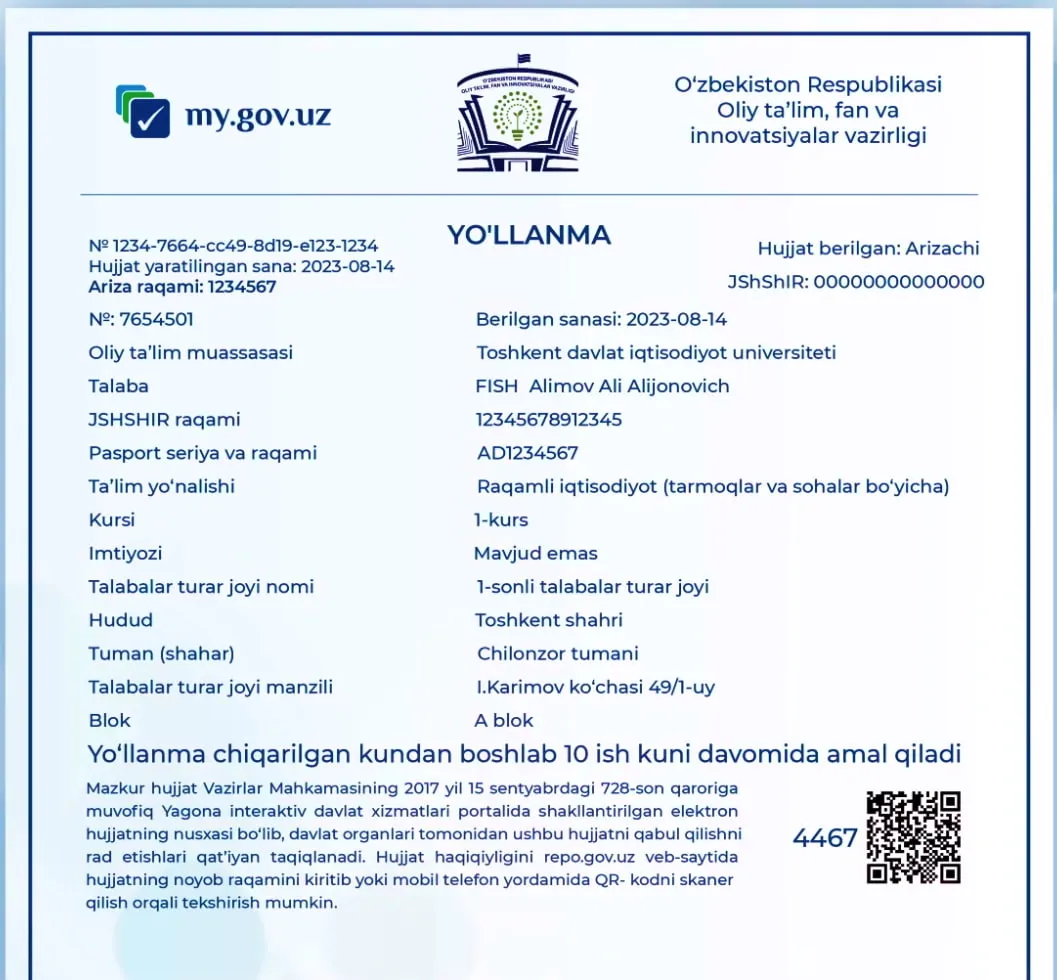 Talabalar turar-joylariga joylashish uchun ariza qanday beriladi? Maxsus qoʻllanma