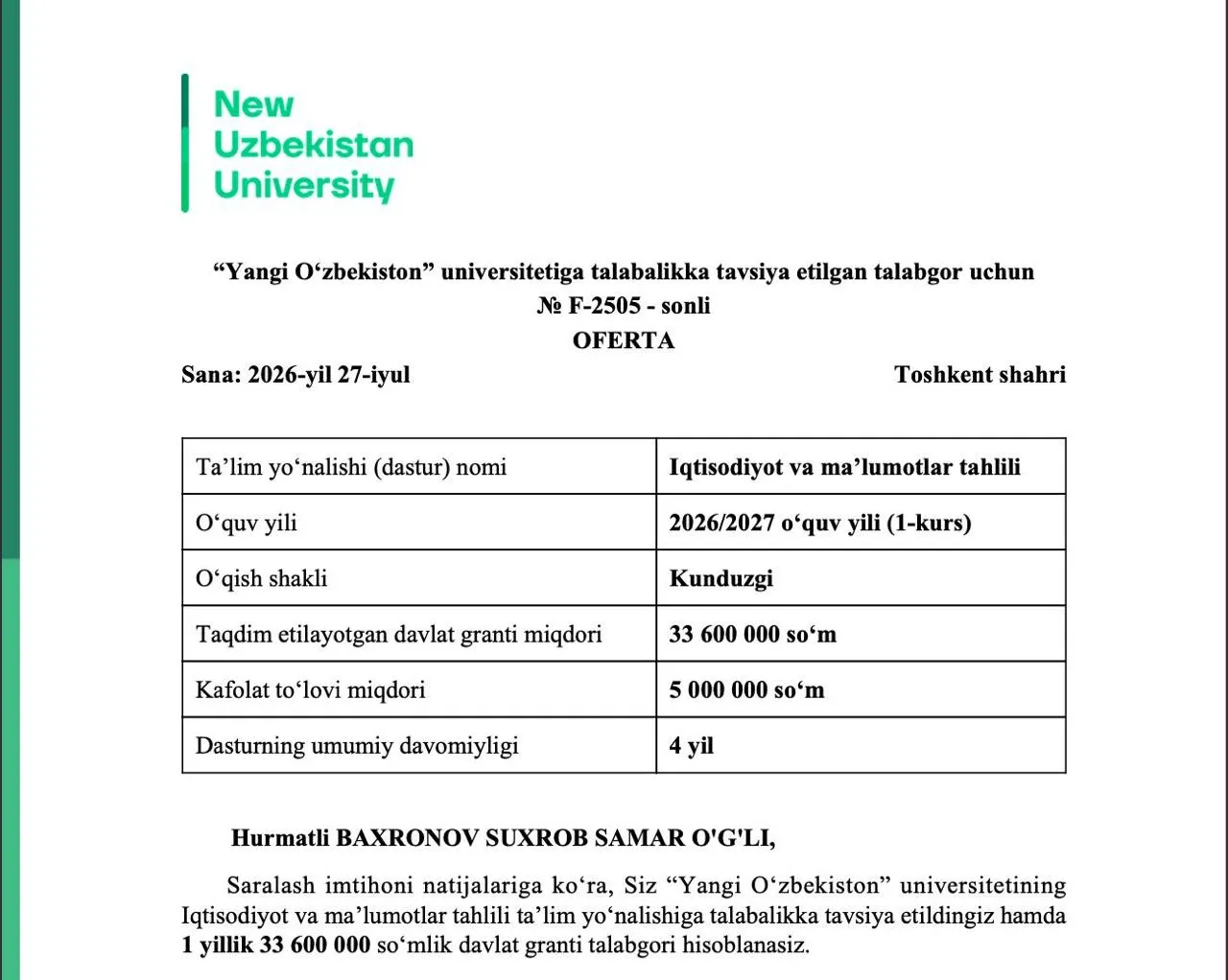 IELTS 7.5, SAT 1390 va 3 ta milliy sertifikat: Qashqadaryolik bitiruvchi 10 ga yaqin oliygohlardan qabul xati oldi