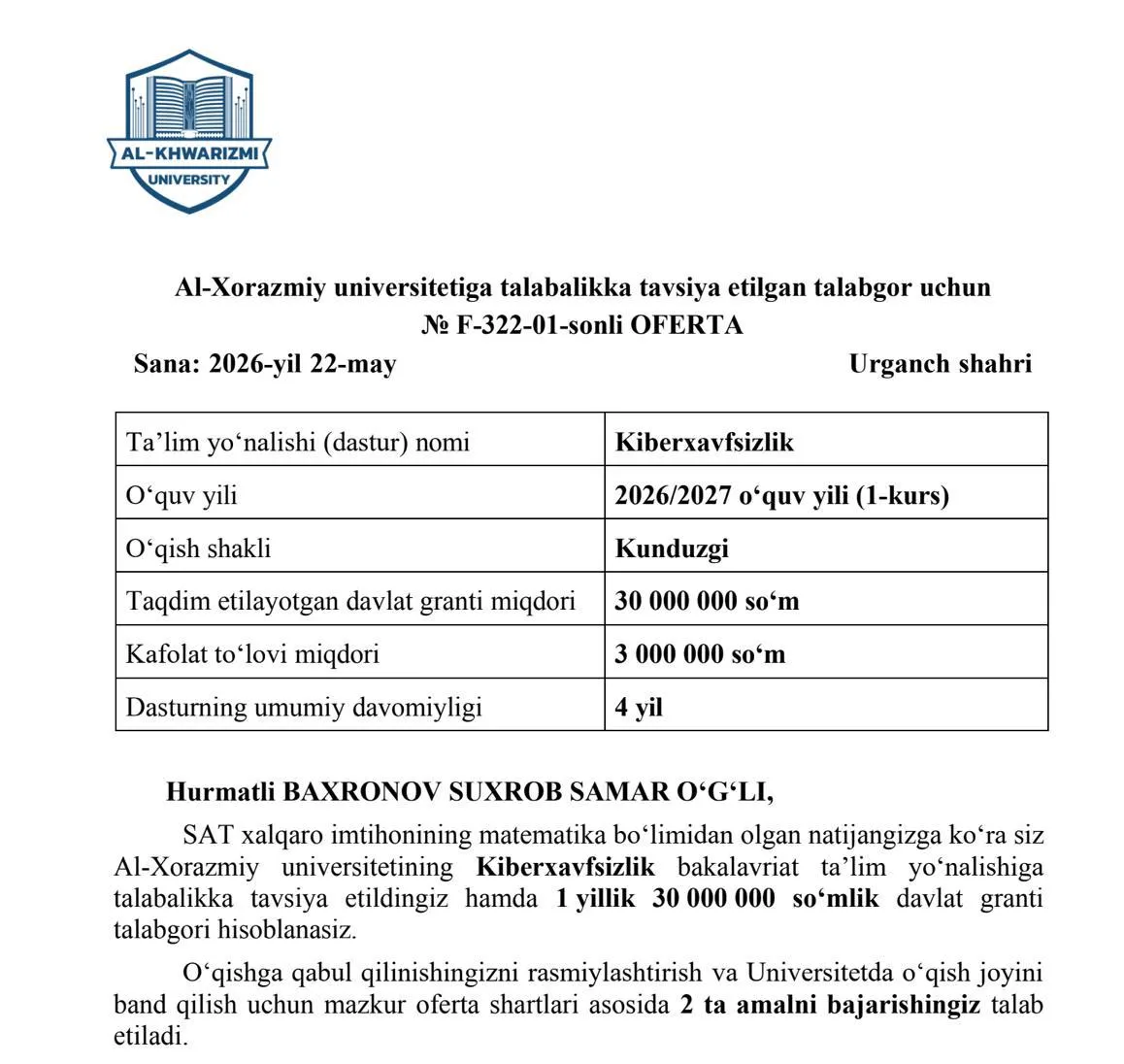 IELTS 7.5, SAT 1390 va 3 ta milliy sertifikat: Qashqadaryolik bitiruvchi 10 ga yaqin oliygohlardan qabul xati oldi