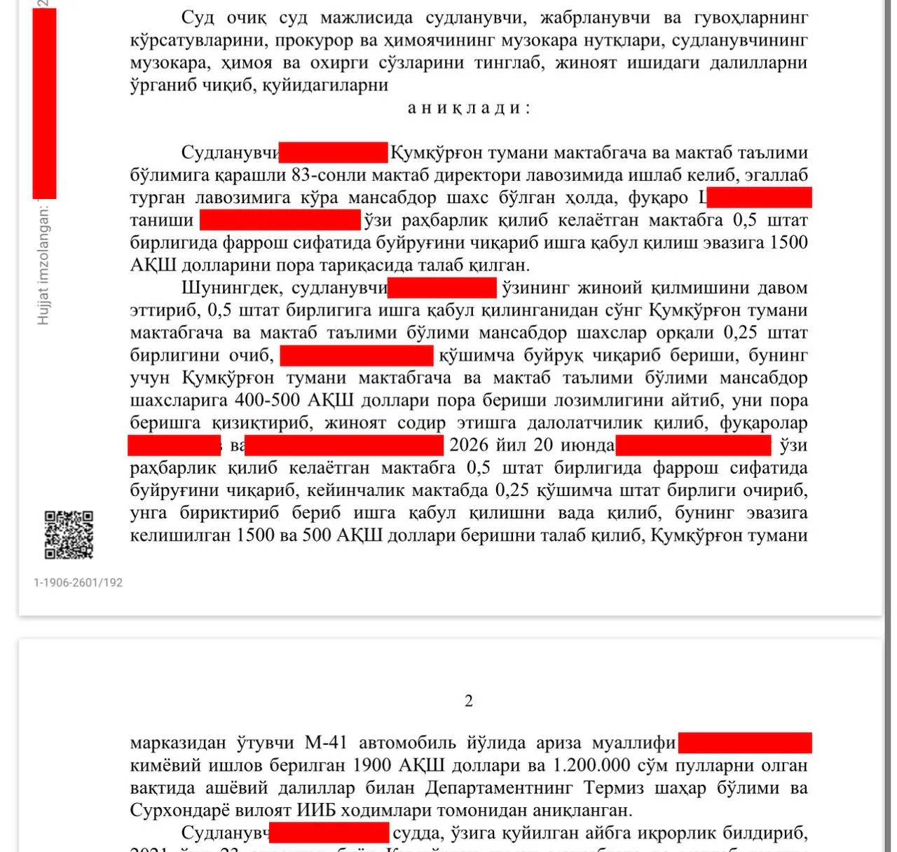 Surxondaryoda maktab direktori farroshlikka ishga kiritish uchun pora olayotganda ushlandi