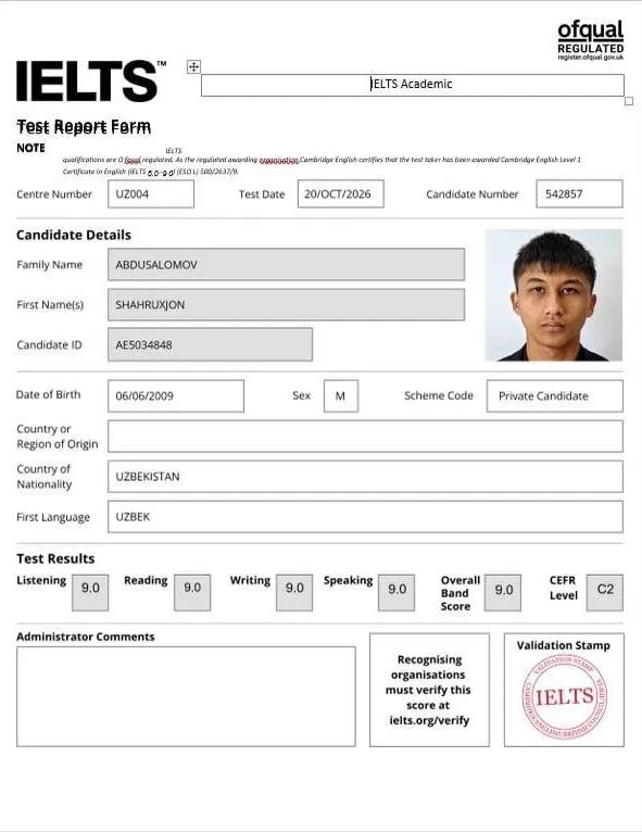 Samarqandda maktab oʻquvchisi IELTSʼdan maksimal 9 ballni qoʻlga kiritdi