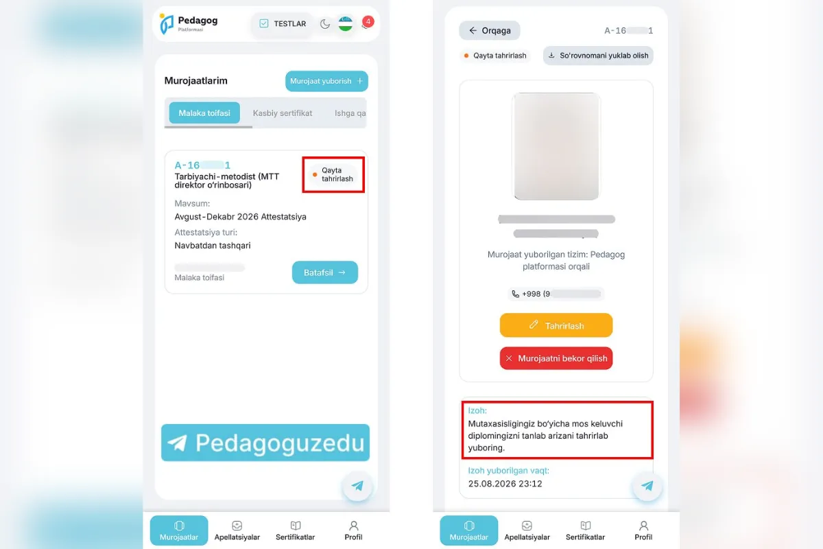 O‘qituvchilarga “Pedagog” platformasidagi arizalar holatini tekshirib borish tavsiya etiladi