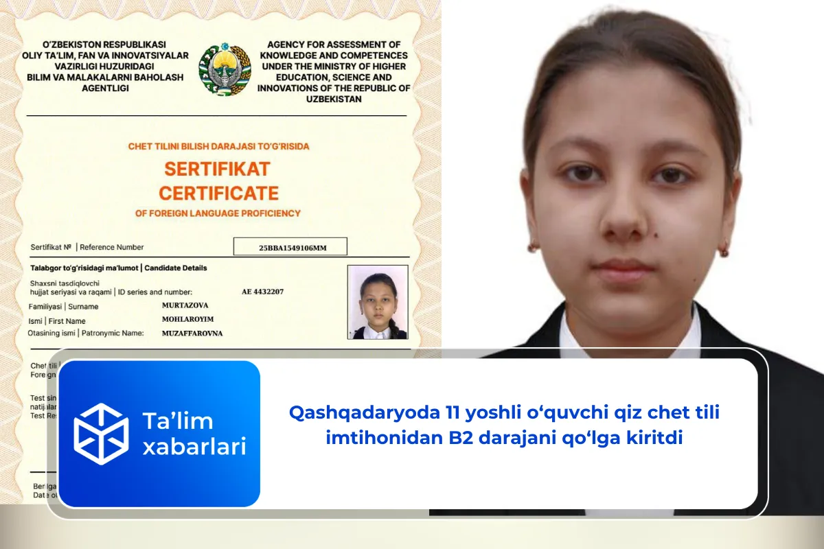 Qashqadaryoda 11 yoshli o‘quvchi qiz chet tili imtihonidan B2 darajani qo‘lga kiritdi