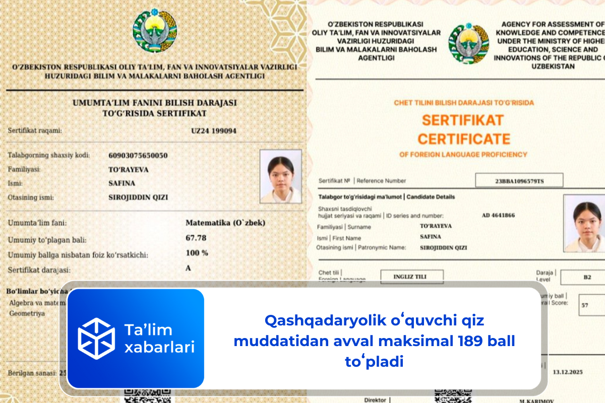 Qashqadaryolik oʻquvchi qiz muddatidan avval maksimal 189 ball toʻpladi