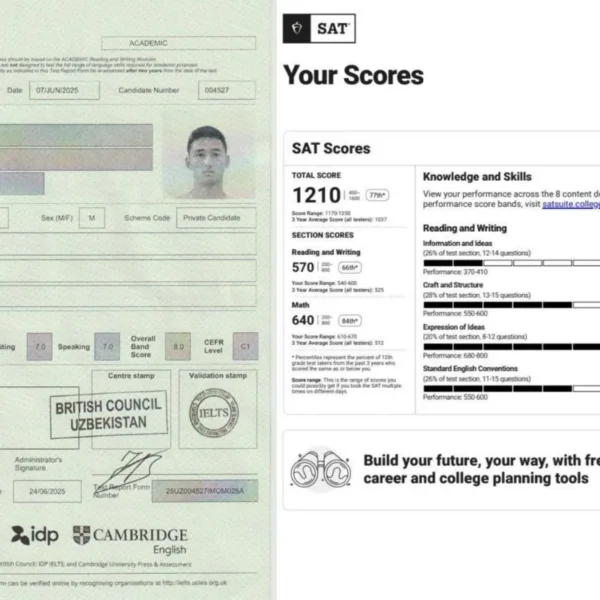 Buxoroda maktab o‘quvchisi IELTS 8.0 va SAT 1210 ballik xalqaro sertifikatlarga ega bo‘ldi