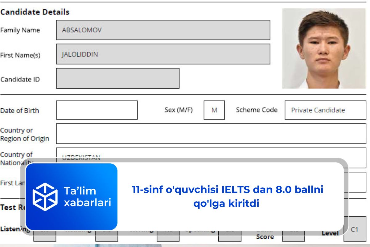 11-sinf o’quvchisi IELTS dan 8.0 ballni qo’lga kiritdi