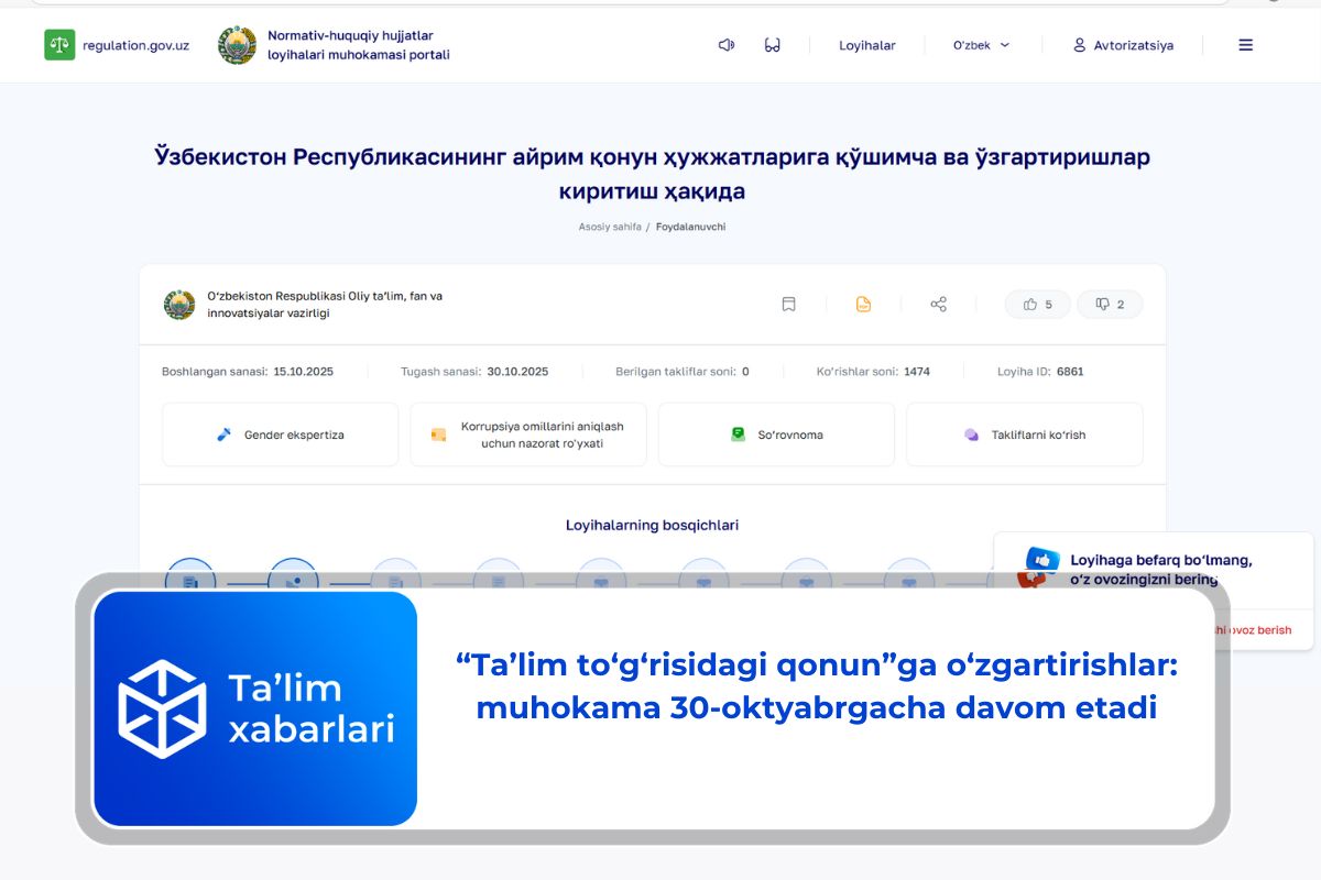 “Ta’lim to‘g‘risidagi qonun”ga o‘zgartirishlar: muhokama 30-oktyabrgacha davom etadi
