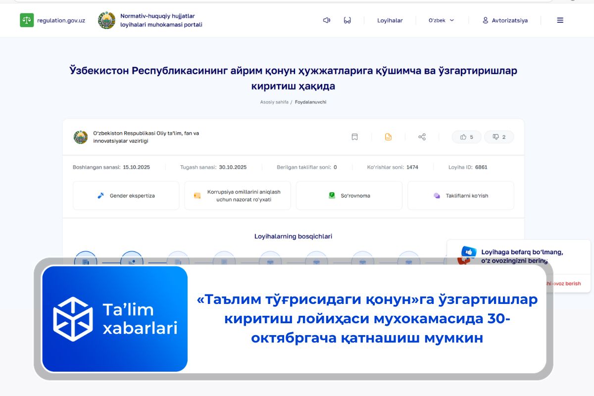 «Таълим тўғрисидаги қонун»га ўзгартишлар киритиш лойиҳаси мухокамасида 30-октябргача қатнашиш мумкин