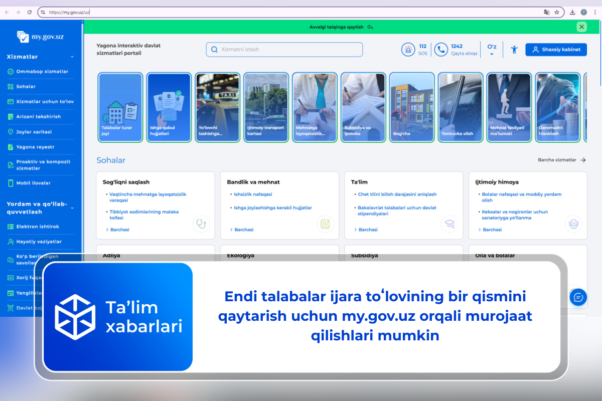 Endi talabalar ijara toʻlovining bir qismini qaytarish uchun my.gov.uz orqali murojaat qilishlari mumkin