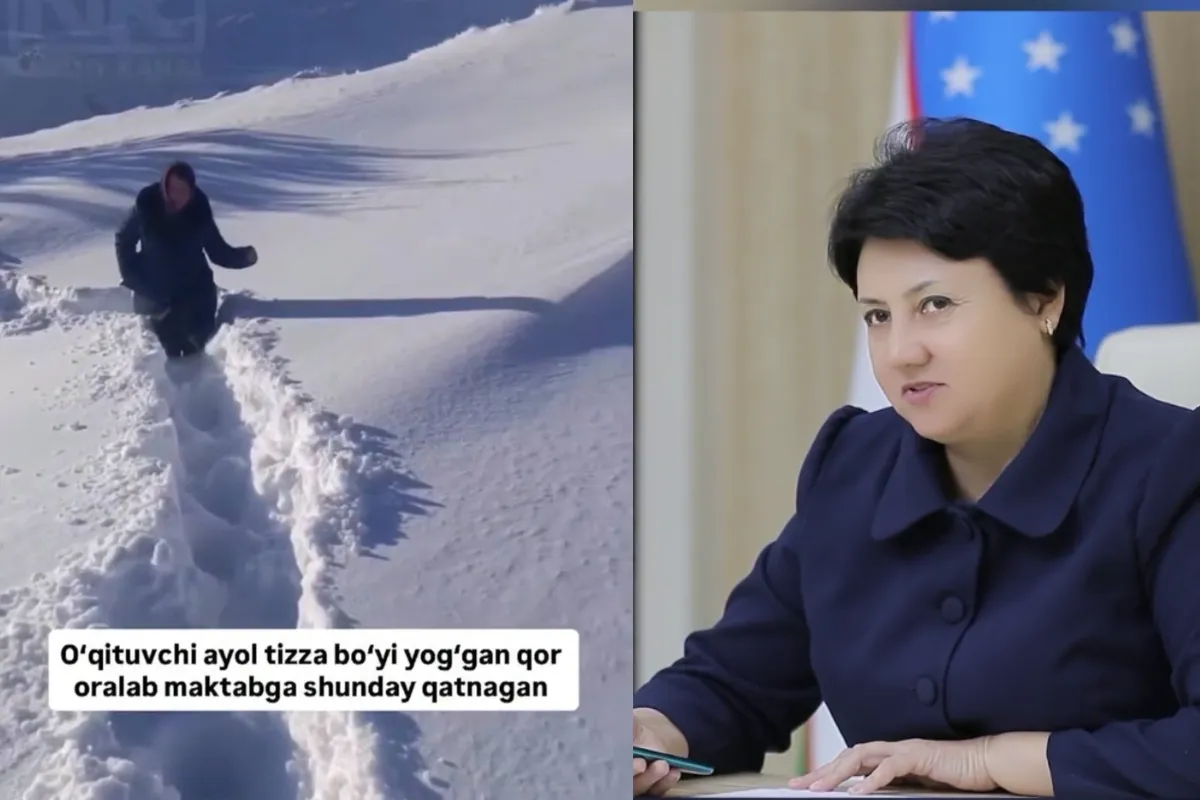 Vazir Eʼzoza Karimova qor oralab maktabga borayotgan oʻqituvchi bilan telefon orqali suhbatlashdi (video)