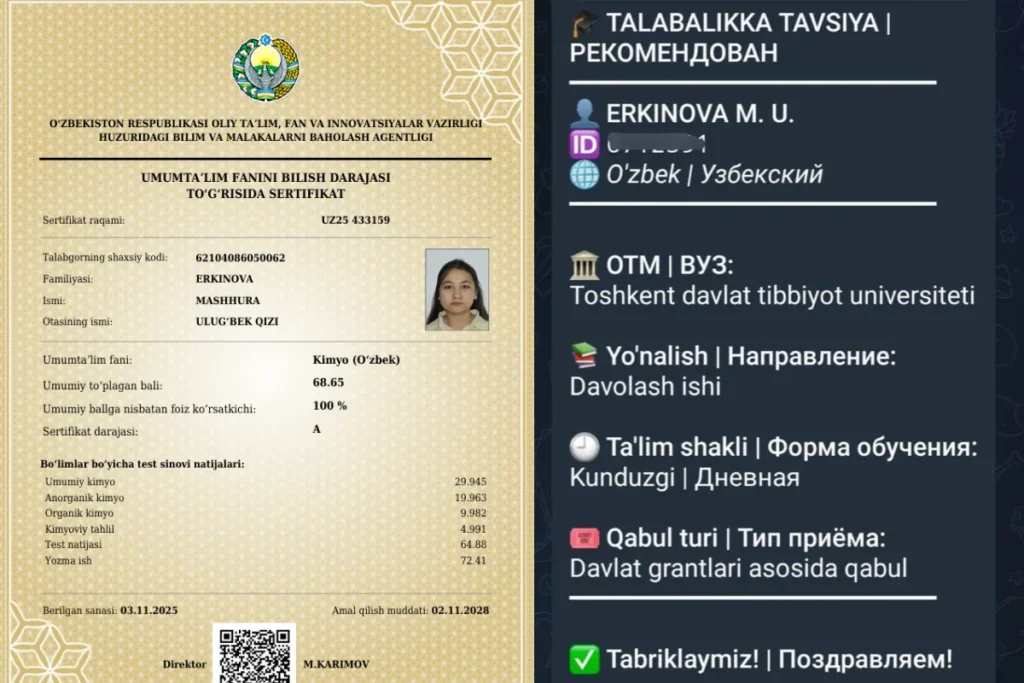 Milliy sertifikatdan davlat grantigacha: 189 ball sohibi natijaga erishishgacha boʻlgan tajribasi bilan boʻlishdi