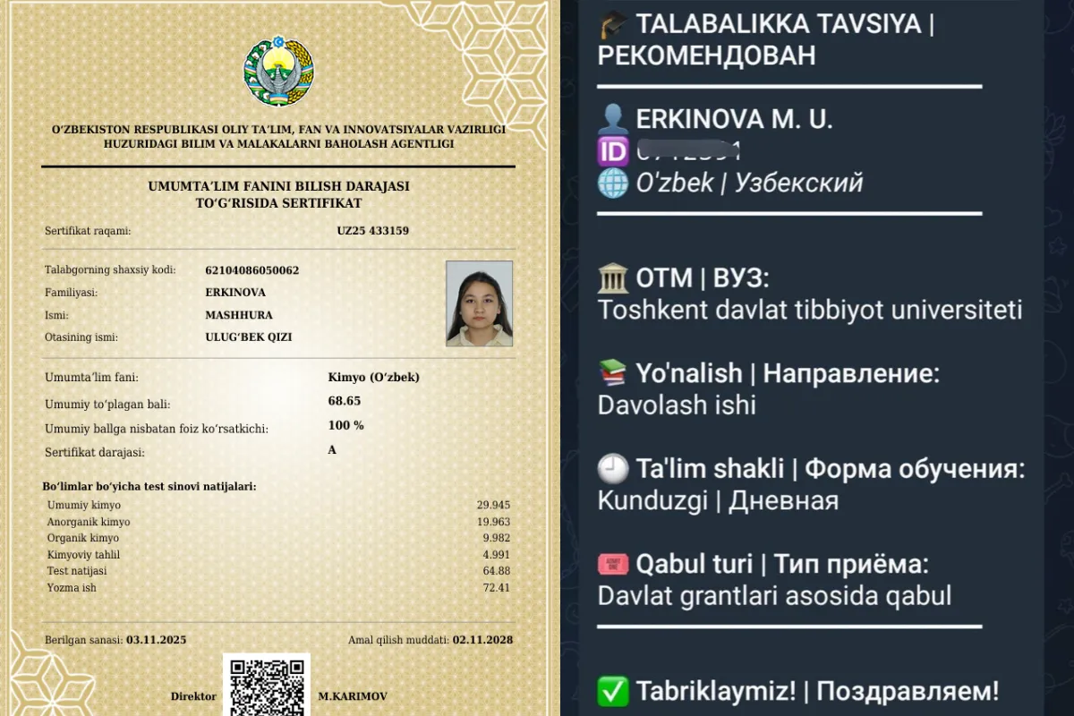 Milliy sertifikatdan davlat grantigacha: 189 ball sohibi natijaga erishishgacha boʻlgan tajribasi bilan boʻlishdi