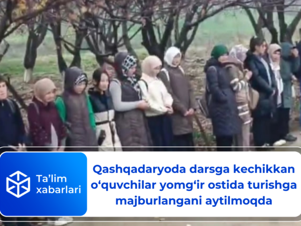 Qashqadaryoda darsga kechikkan o‘quvchilar yomg‘ir ostida turishga majburlangani aytilmoqda