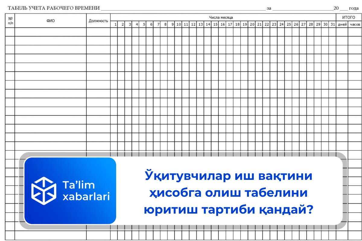 Ўқитувчилар иш вақтини ҳисобга олиш табелини юритиш тартиби қандай?