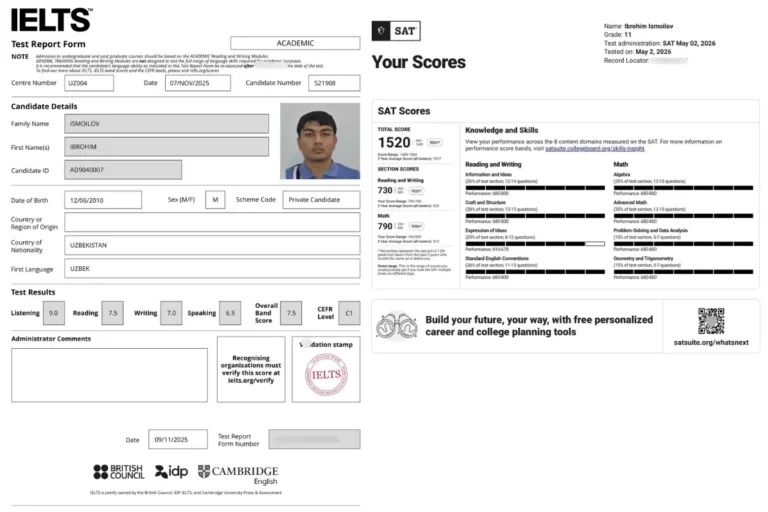IELTS 7.5 va SAT 1520: Buxoroda 10-sinf o‘quvchisi xalqaro sertifikat imtihonlarida yuqori natijalarni qayd etdi
