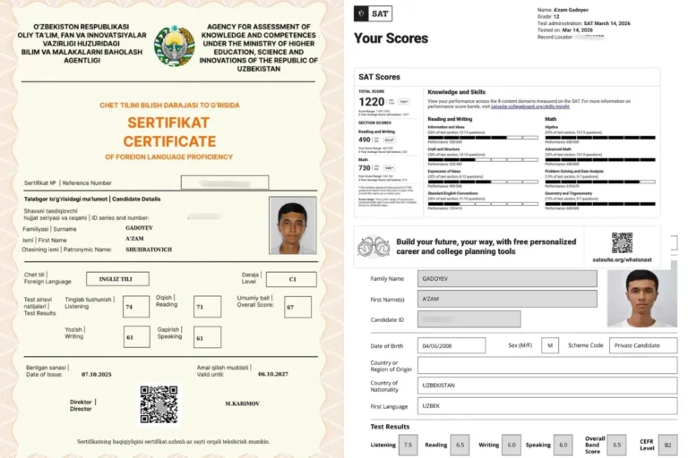 5-sinfdan boshlangan orzu: buxorolik bitiruvchi SAT, IELTS va CEFR sertifikatlarini qo‘lga kiritdi